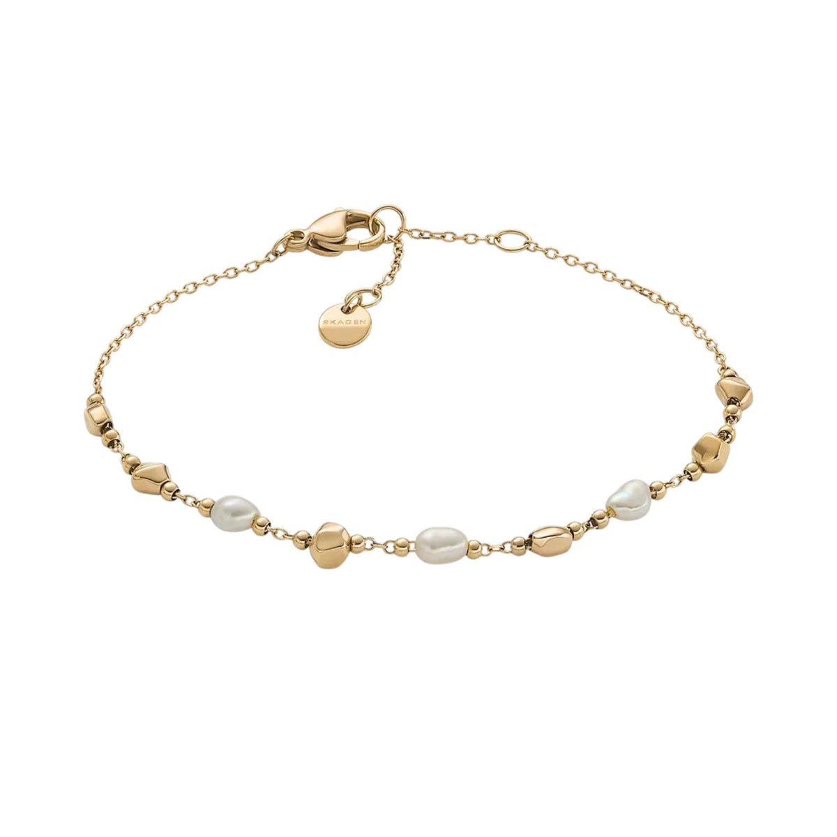 Gold-tone stainless steel bracelet with oval pearl beads and round link clasp