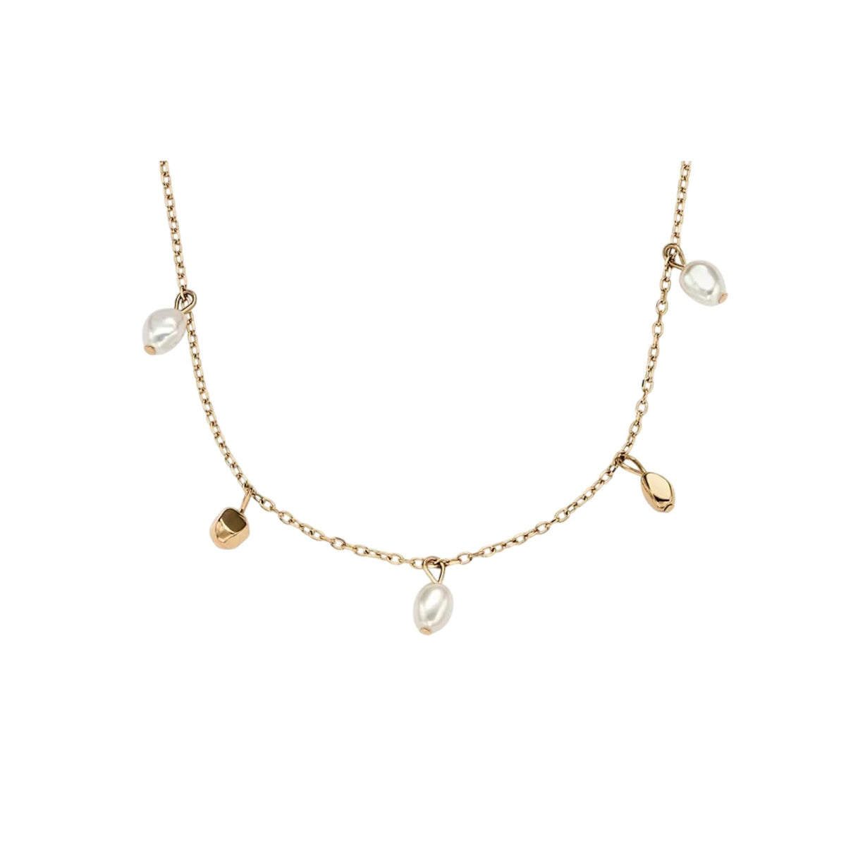 Gold-tone chain necklace with heart and leaf charms plus white pearl drops