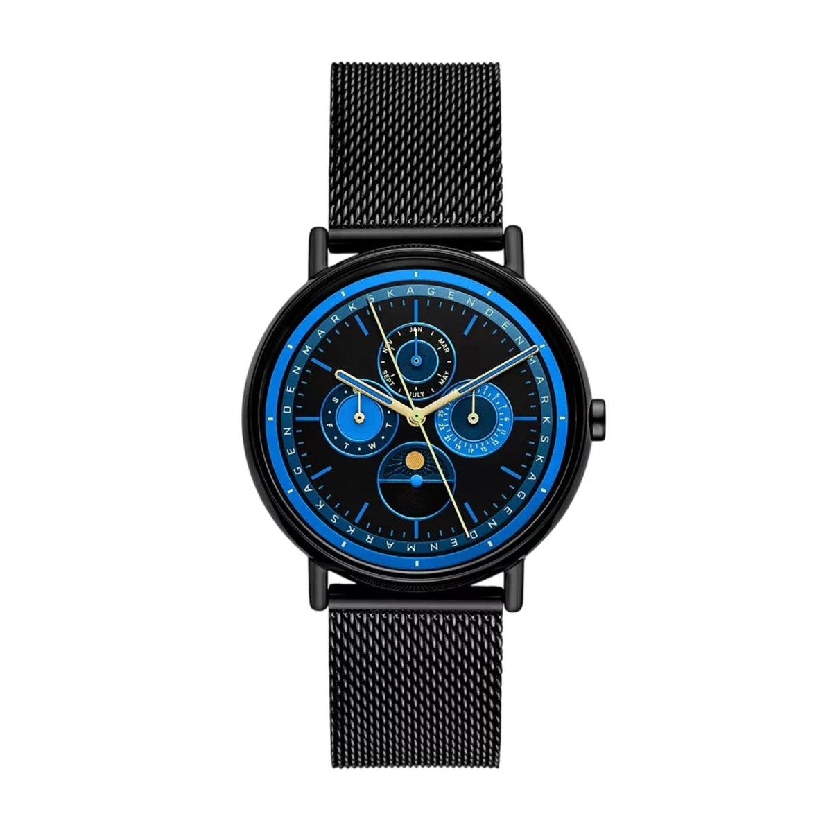 Men's wristwatch front view with blue dial, three subdials, and black mesh strap