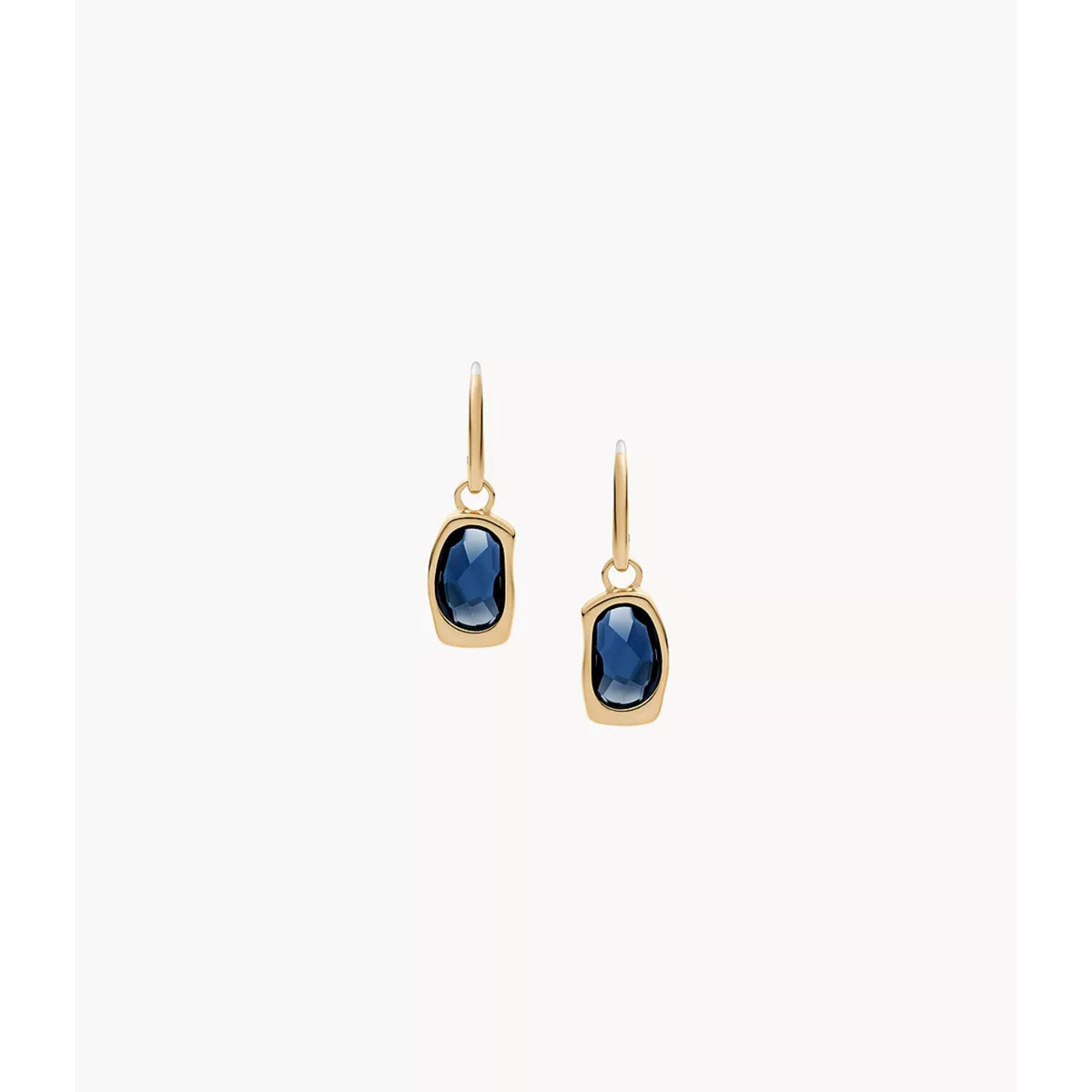 Gold-tone drop earrings featuring deep blue oval stones, front view on white background.