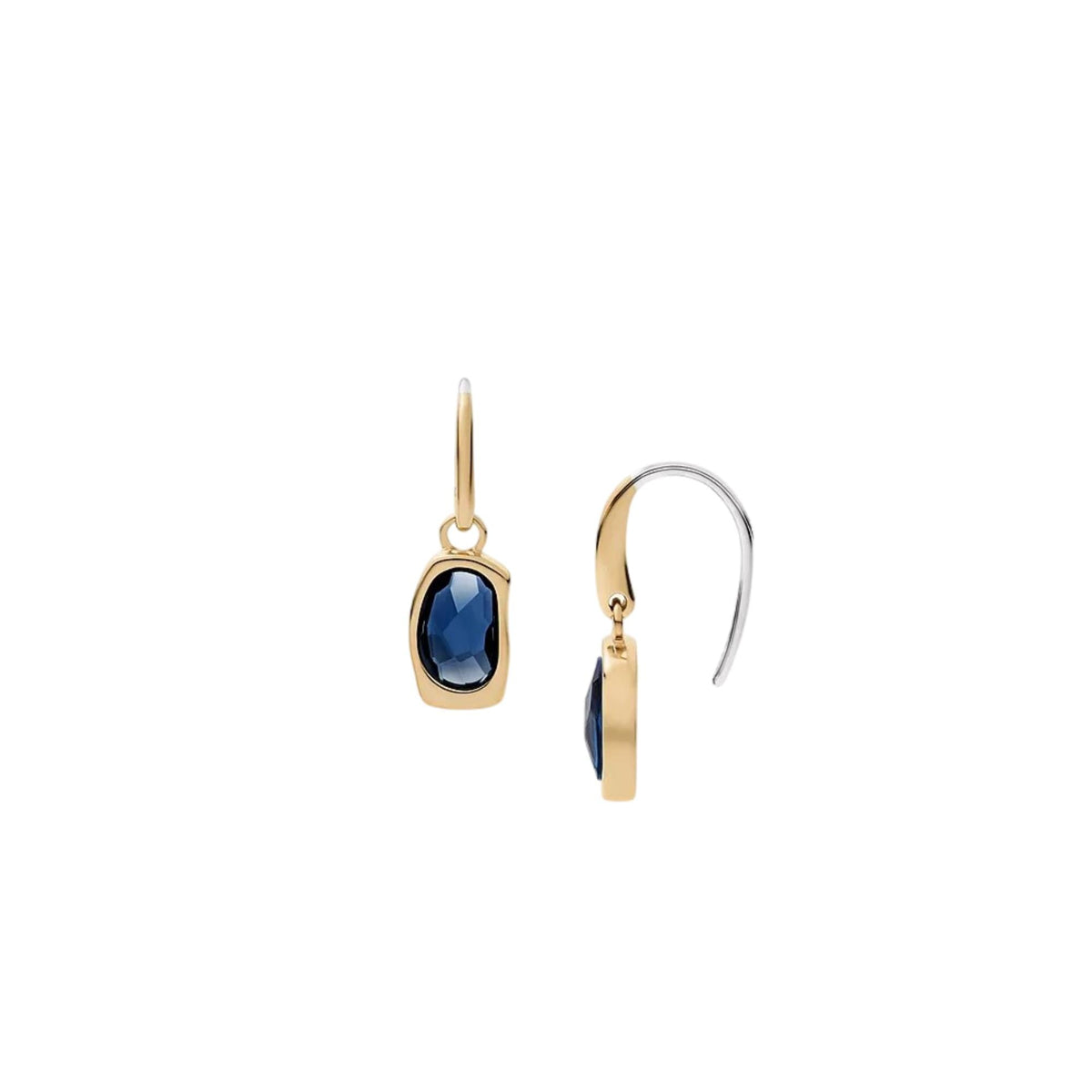Gold-tone drop earrings with blue oval stones and visible hook back, product-only view.