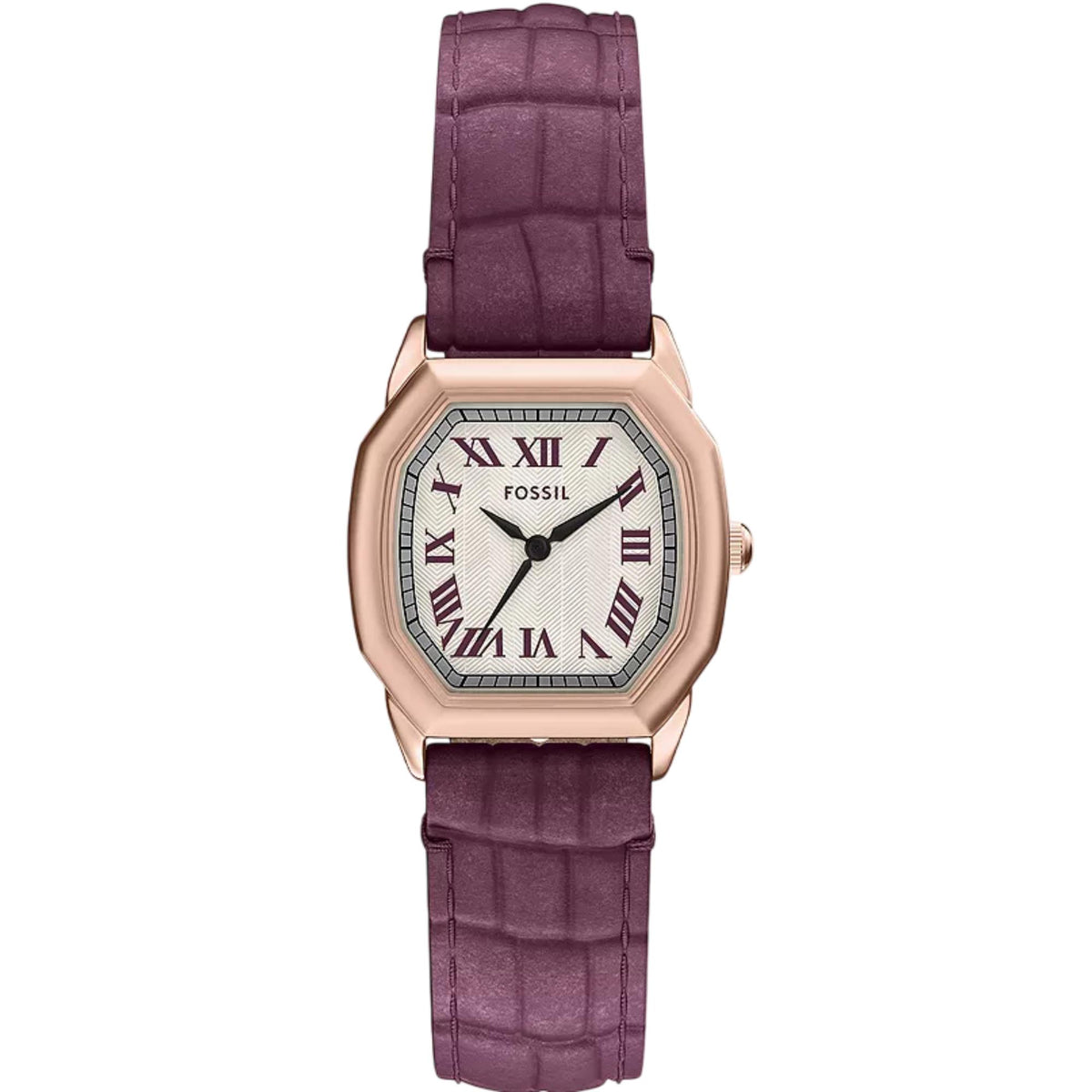 Front view of ladies rose gold quartz watch with white dial, Roman numerals, dark purple leather strap