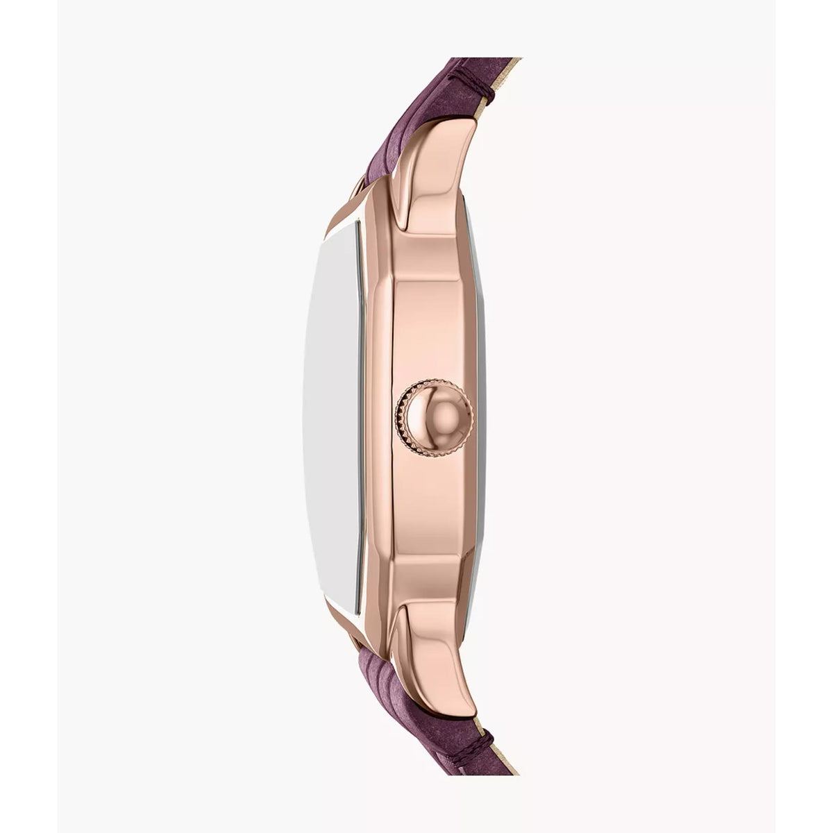 Side view of octagonal rose-gold watch case with dark purple leather strap