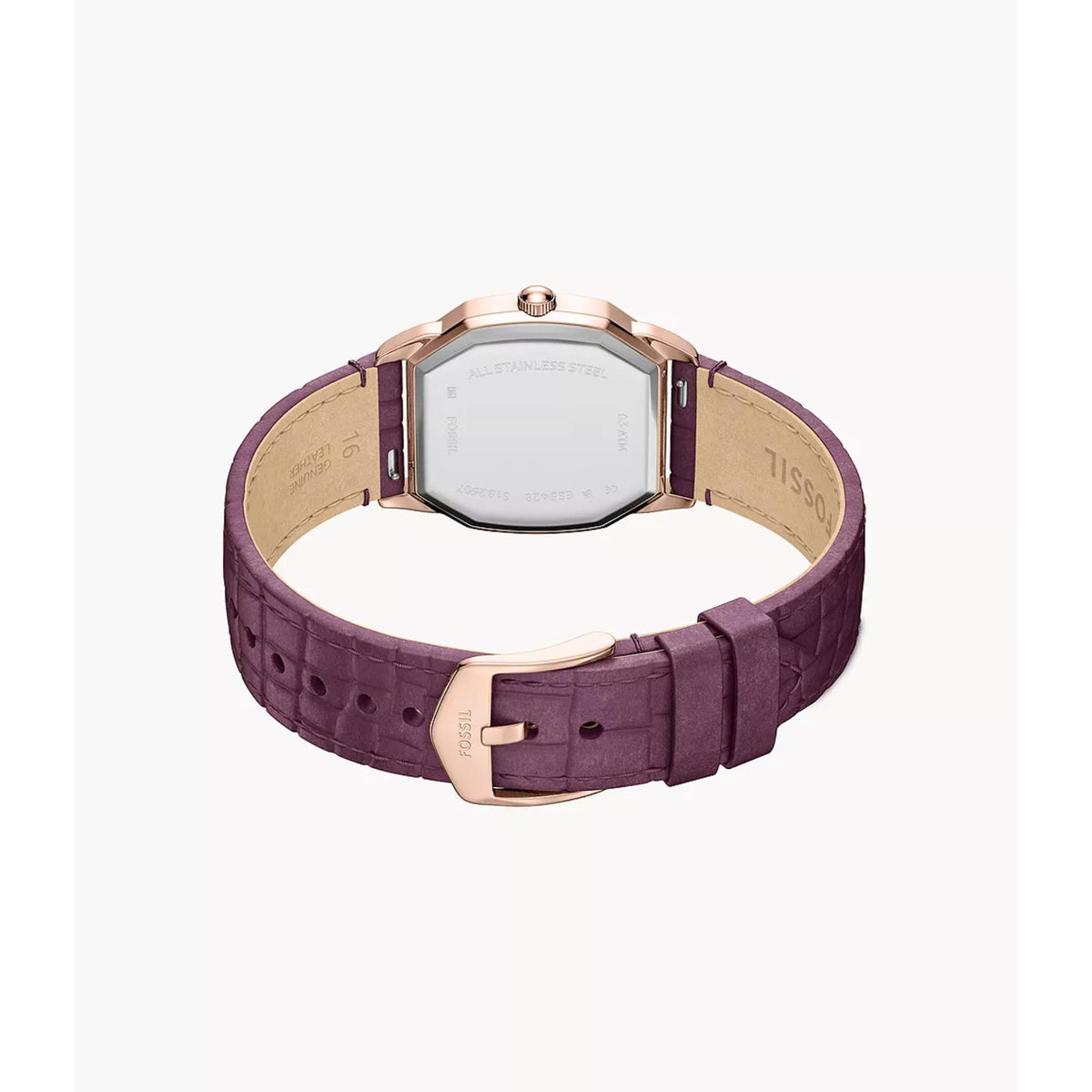 Back view of dark purple leather quartz watch with rose-gold clasp and case