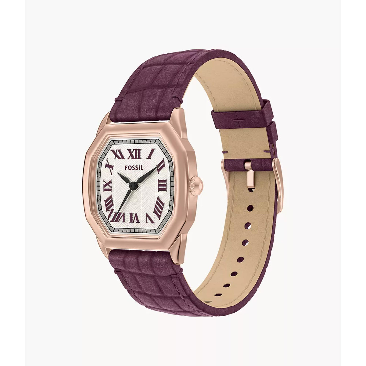 Wristwatch profile view: rose-gold case with dark purple leather strap and white dial