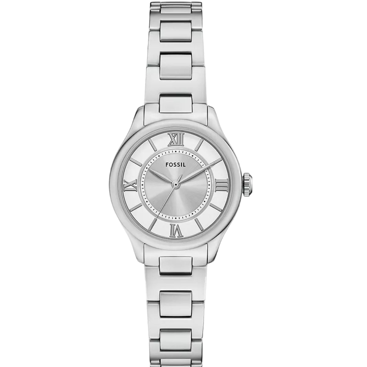 Silver dial steel ladies quartz watch with Roman numeral hour markers