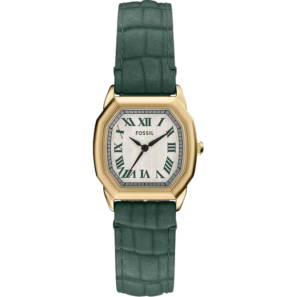Women’s quartz watch with cream dial, Roman numerals, gold-tone case, and dark green strap