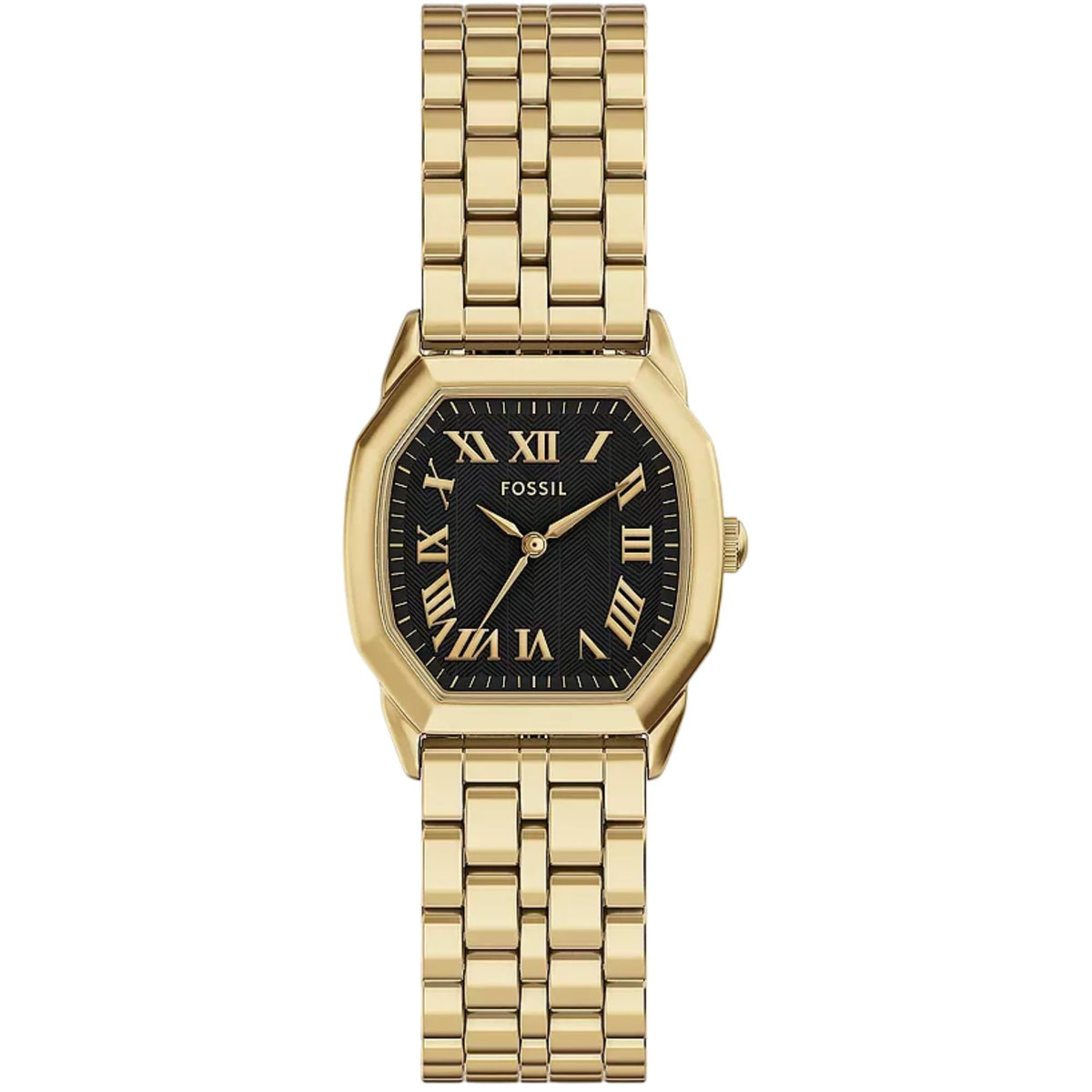 Gold-tone octagonal quartz watch with black dial and Roman numerals, linked bracelet