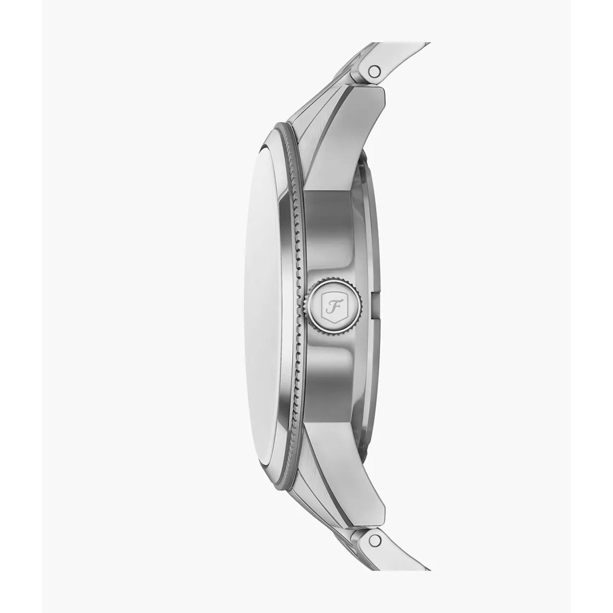 Stainless steel watch case side profile with crown and chronograph pushers