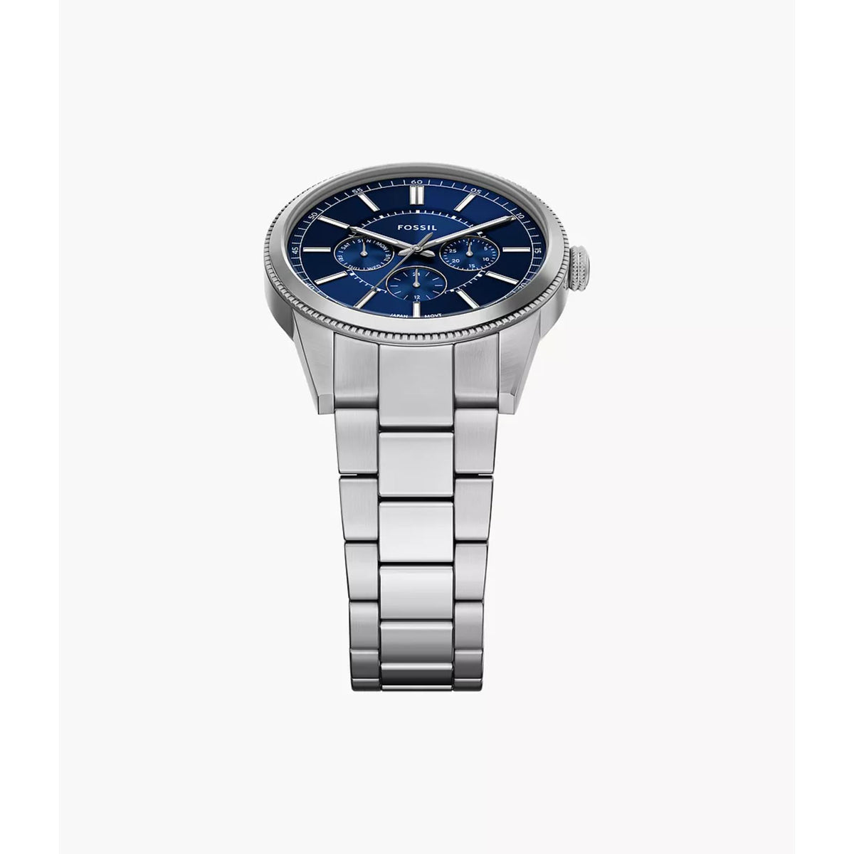 Blue dial chronograph watch with stainless steel bezel and linked bracelet