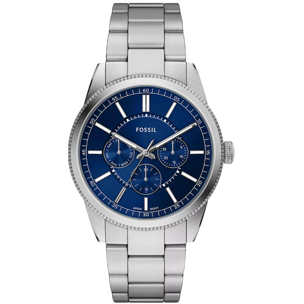 Front view chronograph watch with blue dial, tachymeter-style ring, and steel bracelet
