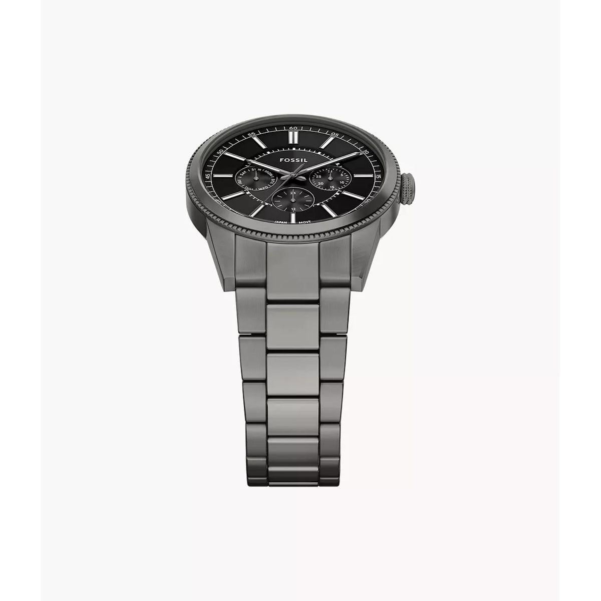 Top perspective shot of the Fossil Pearson FS6136 timepiece detailing the black dial display and steel bracelet construction