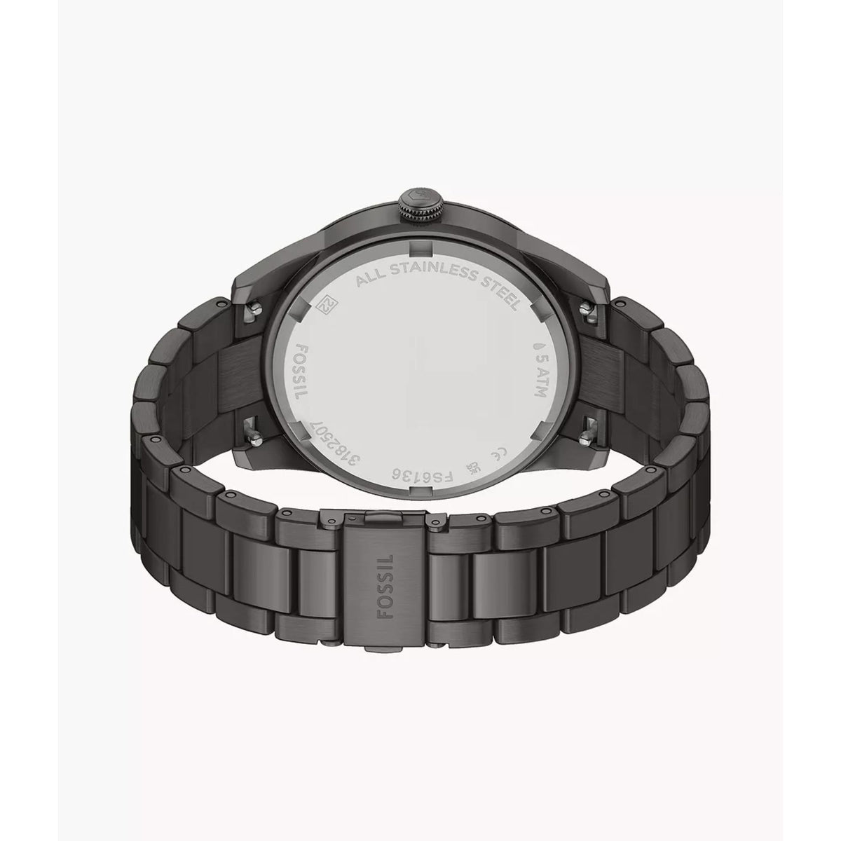 Rear angle view of the Fossil Pearson FS6136 chronograph displaying the folding clasp deployment and dark steel link bracelet