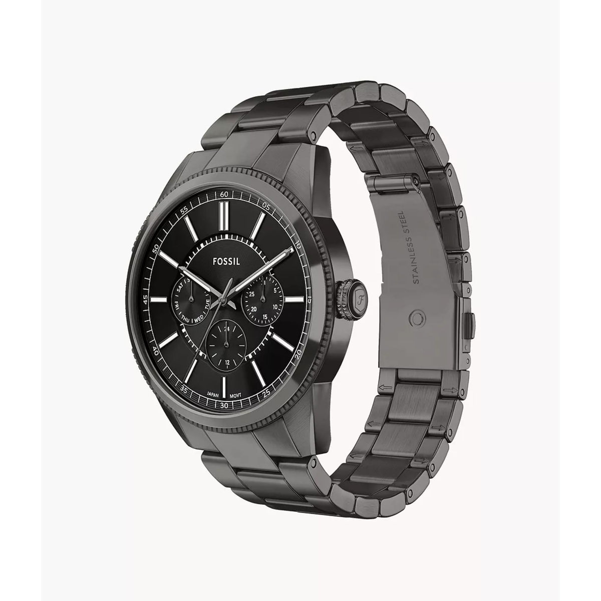 Three-quarter perspective view of the Fossil Pearson FS6136 watch showcasing the dark metallic case, black dial, and sub-dial layout