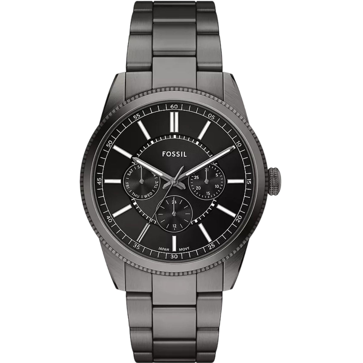 Front view of the Fossil Pearson FS6136 chronograph watch featuring a black dial, sub-dials, silver-tone baton indices, and a gunmetal steel link bracelet