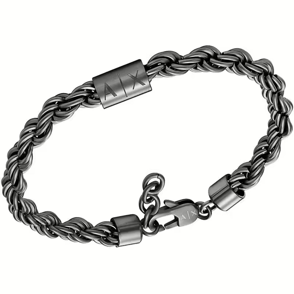 Gunmetal chain bracelet close-up of AX logo bar and interlocking links
