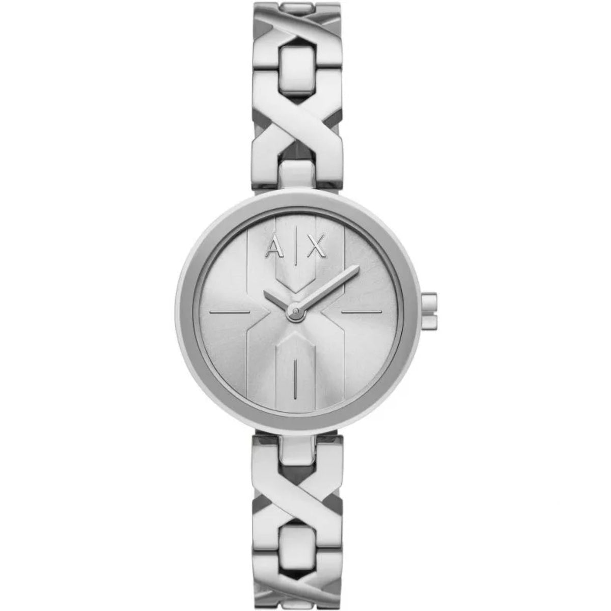 Round silver dial watch with AX logo, slim hands, and geometric steel band.