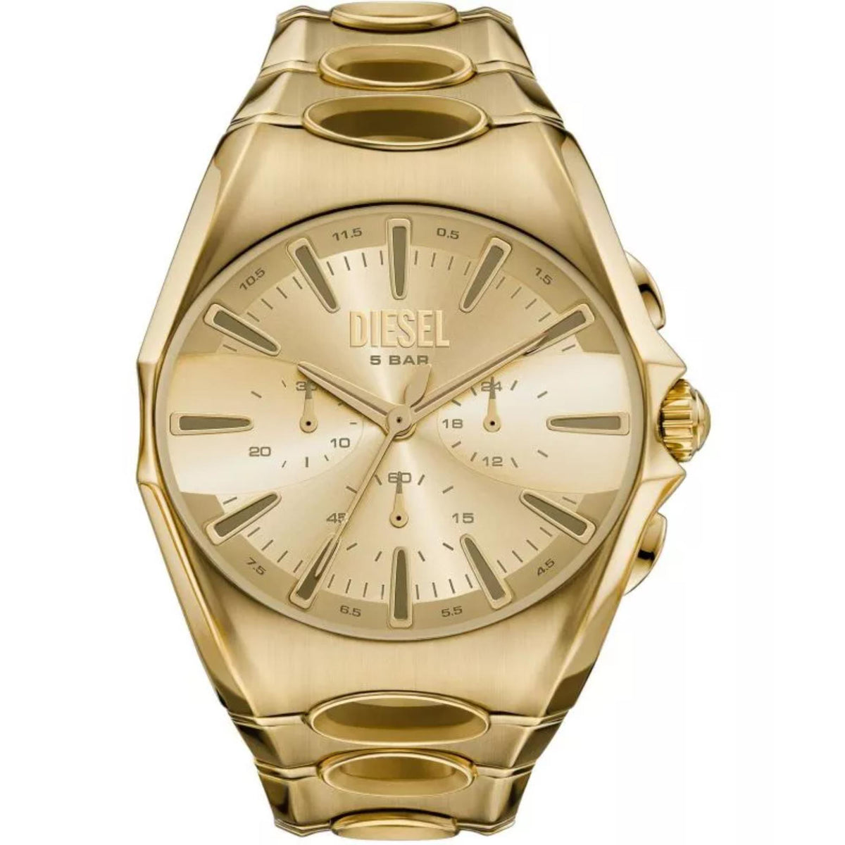Diesel D-Curve gold-tone chronograph watch with light dial, subdials, and DIESEL text