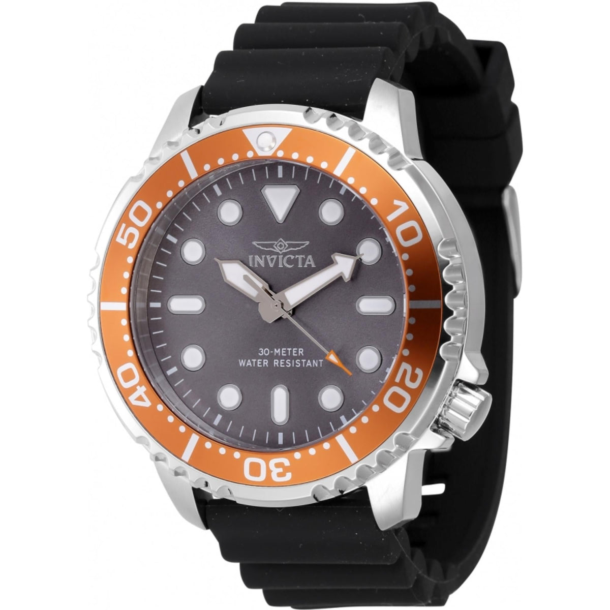 Men's dive watch front: orange bezel and gray dial on black silicone strap