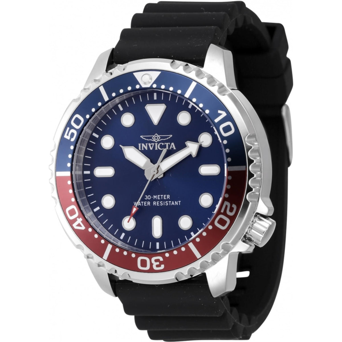 Blue dial Invicta diver watch with black silicone strap and silver bezel