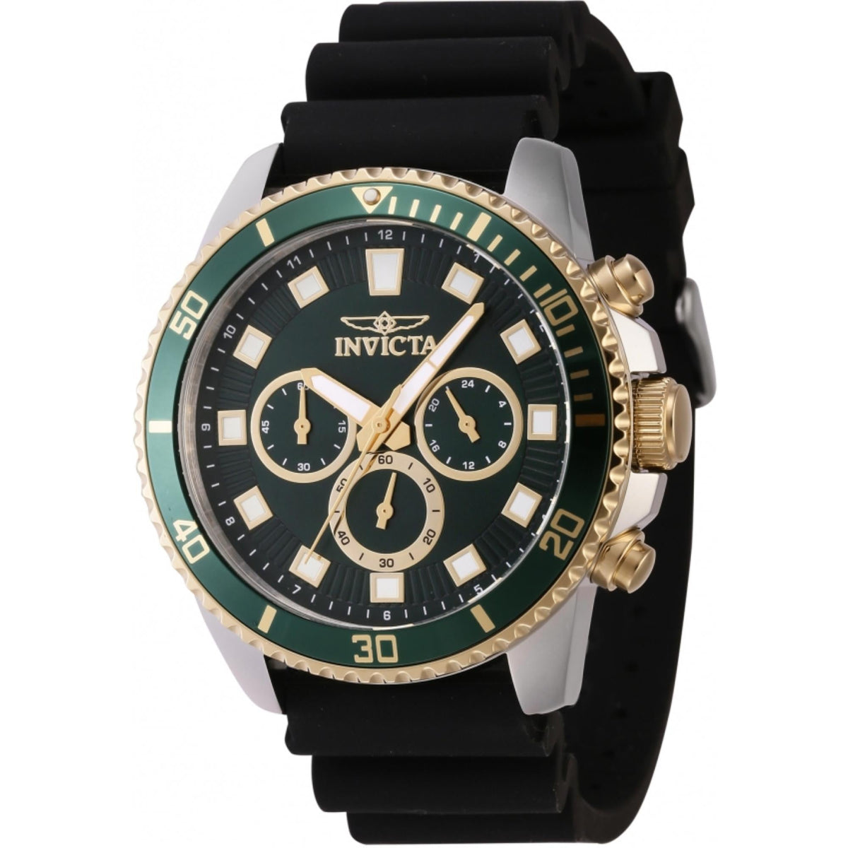 Men's Invicta chronograph watch with dark green dial, gold-tone bezel, black silicone strap