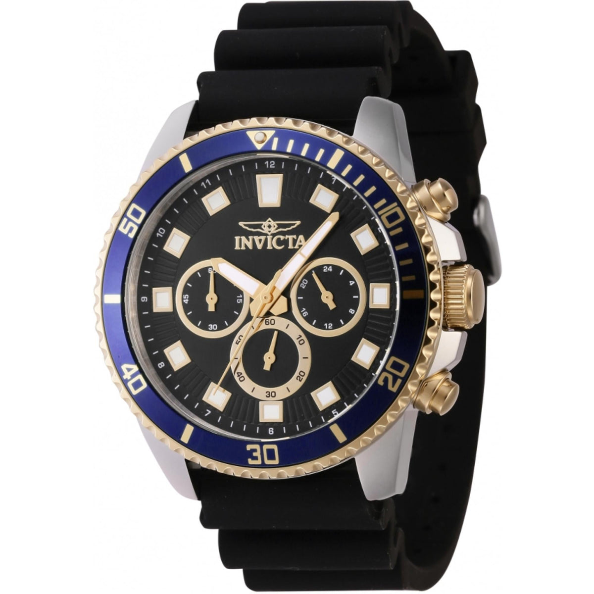 Invicta chronograph watch with black dial, blue bezel, black silicone strap, gold crown details
