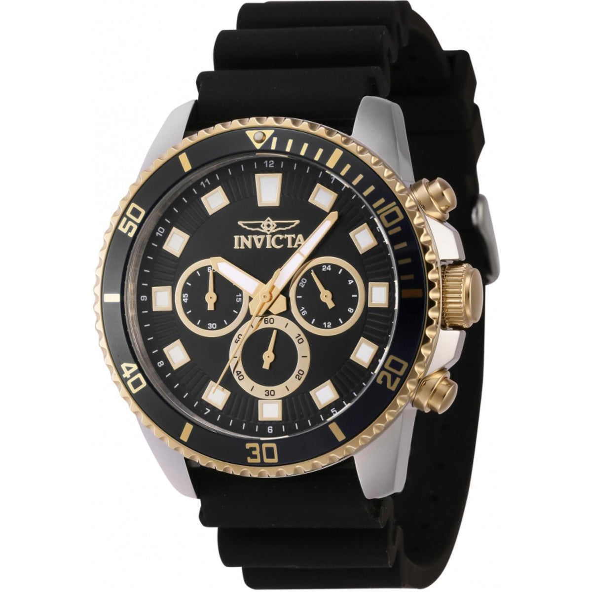 Men's Invicta chronograph watch, black dial, three subdials, black silicone strap