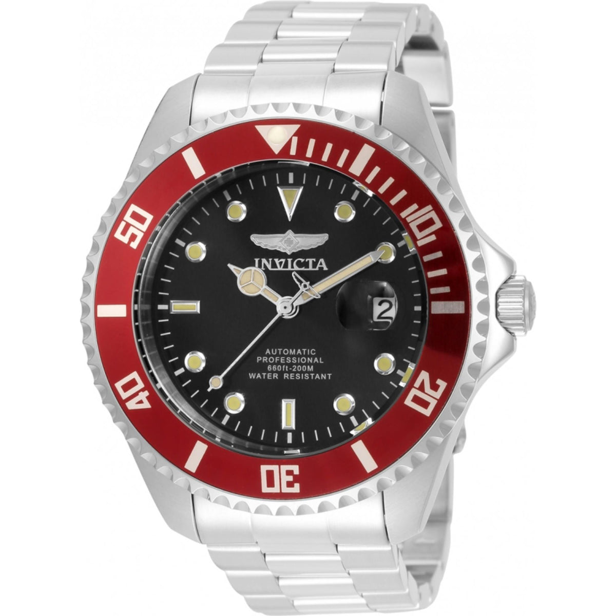Men's Invicta diver watch close-up: black dial with red bezel and steel bracelet