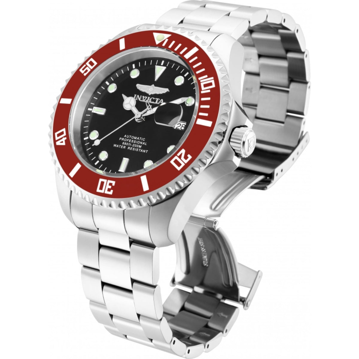 Men's Invicta automatic diver watch angled view, black dial and red bezel on steel strap