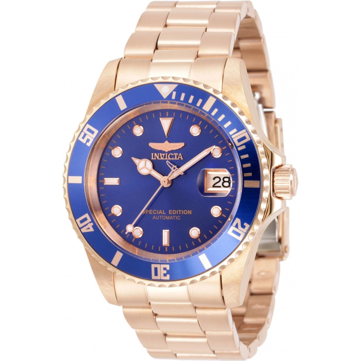 Gold-tone men's watch with blue dial, date window, and metal bracelet