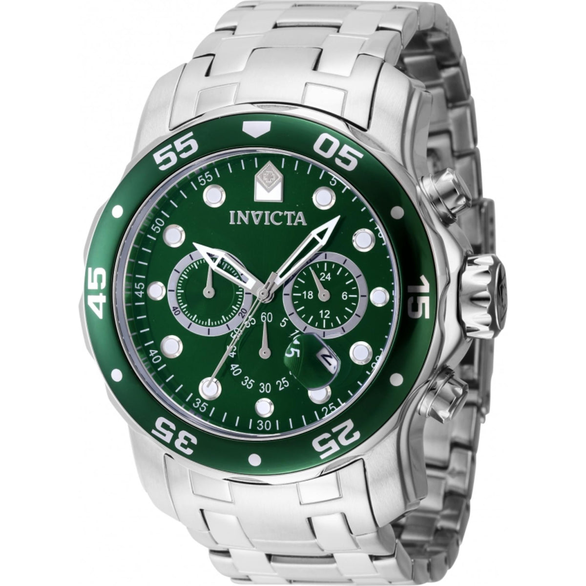 Stainless steel chronograph diver watch with green dial and three subdials, bezel