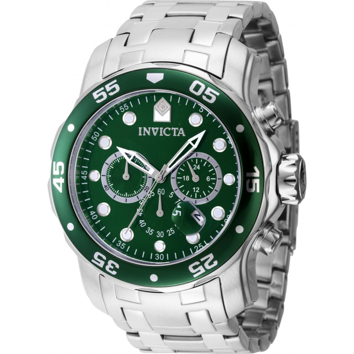 Stainless steel diver watch with green dial, chronograph subdials, and link strap