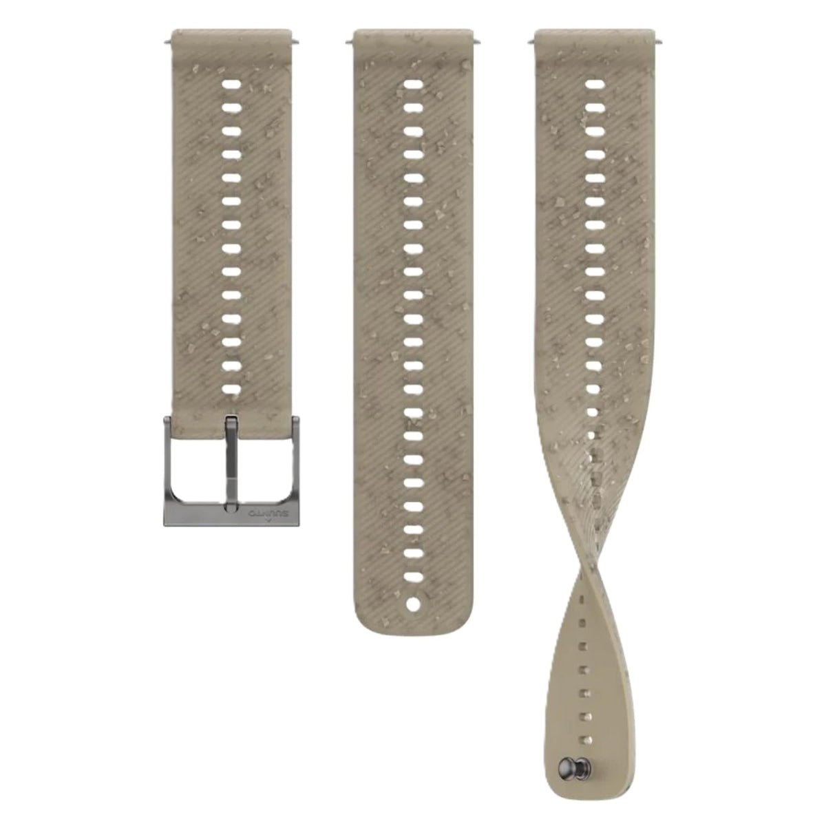 Gray silicone watch strap set with clasp and underside showing pin holes