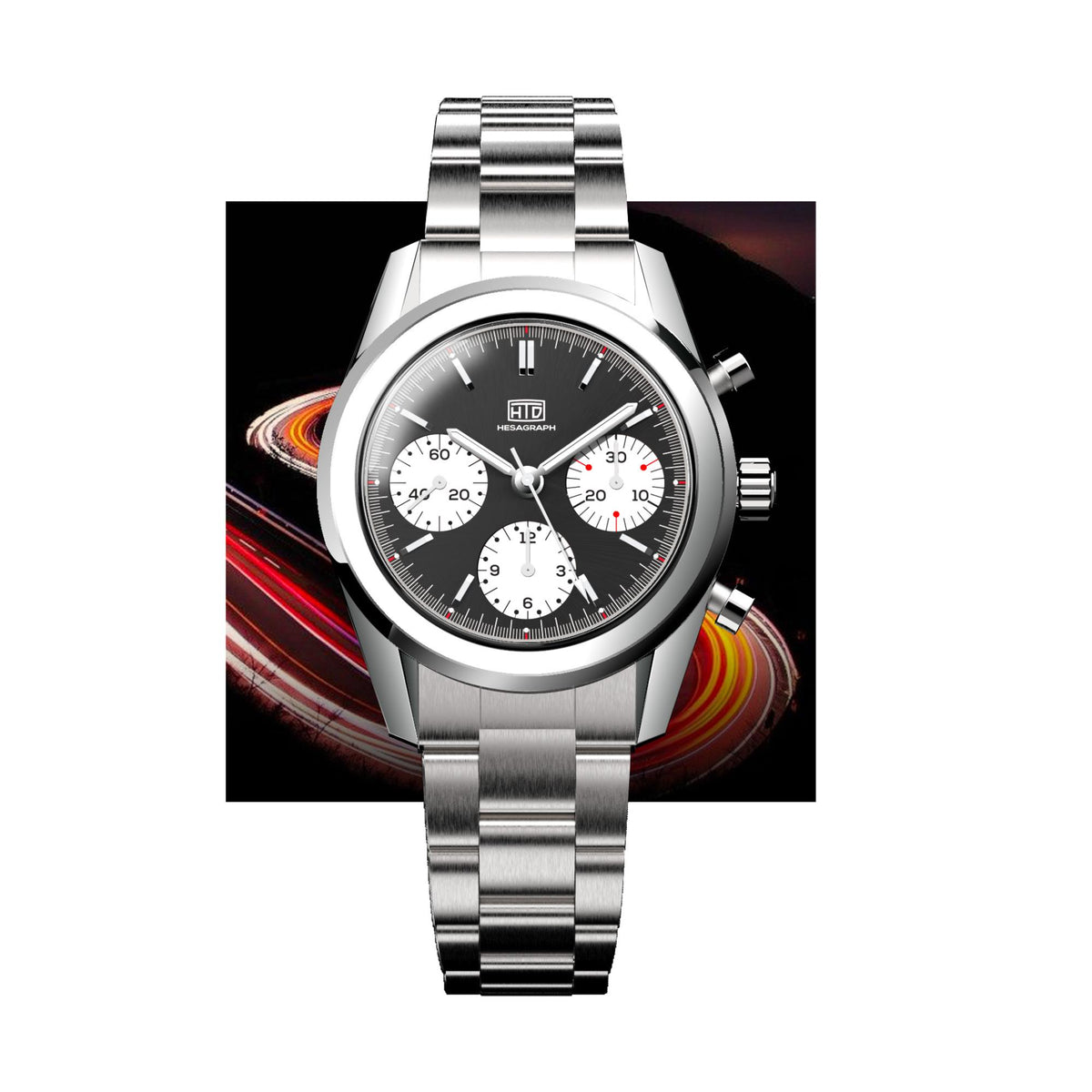 Men's chronograph wristwatch with dark dial, white markers, and steel link bracelet