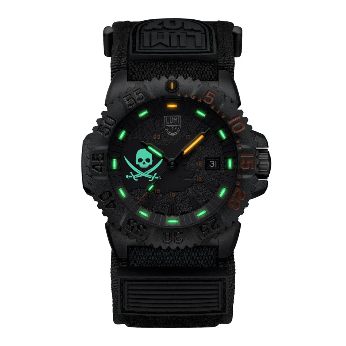 Men's black pirate wristwatch with skull dial, green luminous markers, Velcro fabric strap