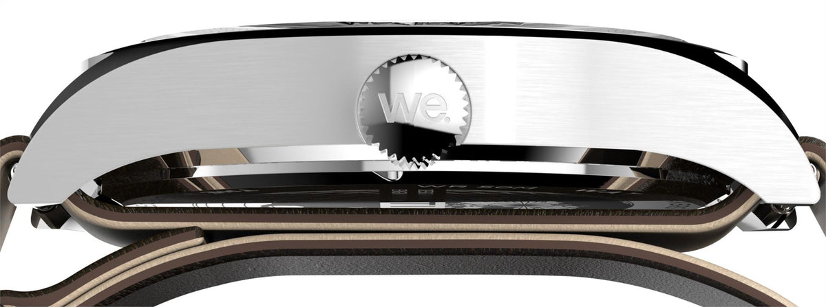 Timex Weekender stainless-steel case close-up with W subdial window
