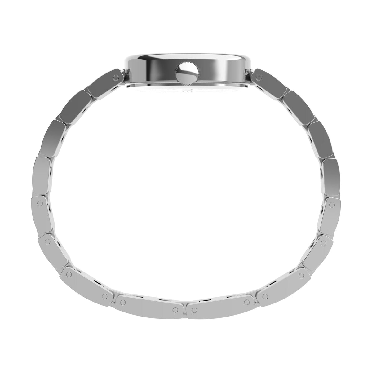 Silver-tone steel watch bracelet with linked band and curved case bezel, side angle