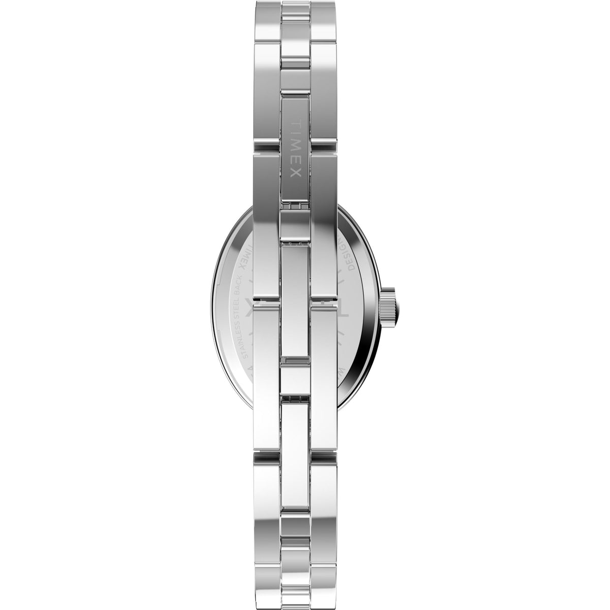 Steel watch side profile with crown and engraved 'TIMEX' on bracelet link