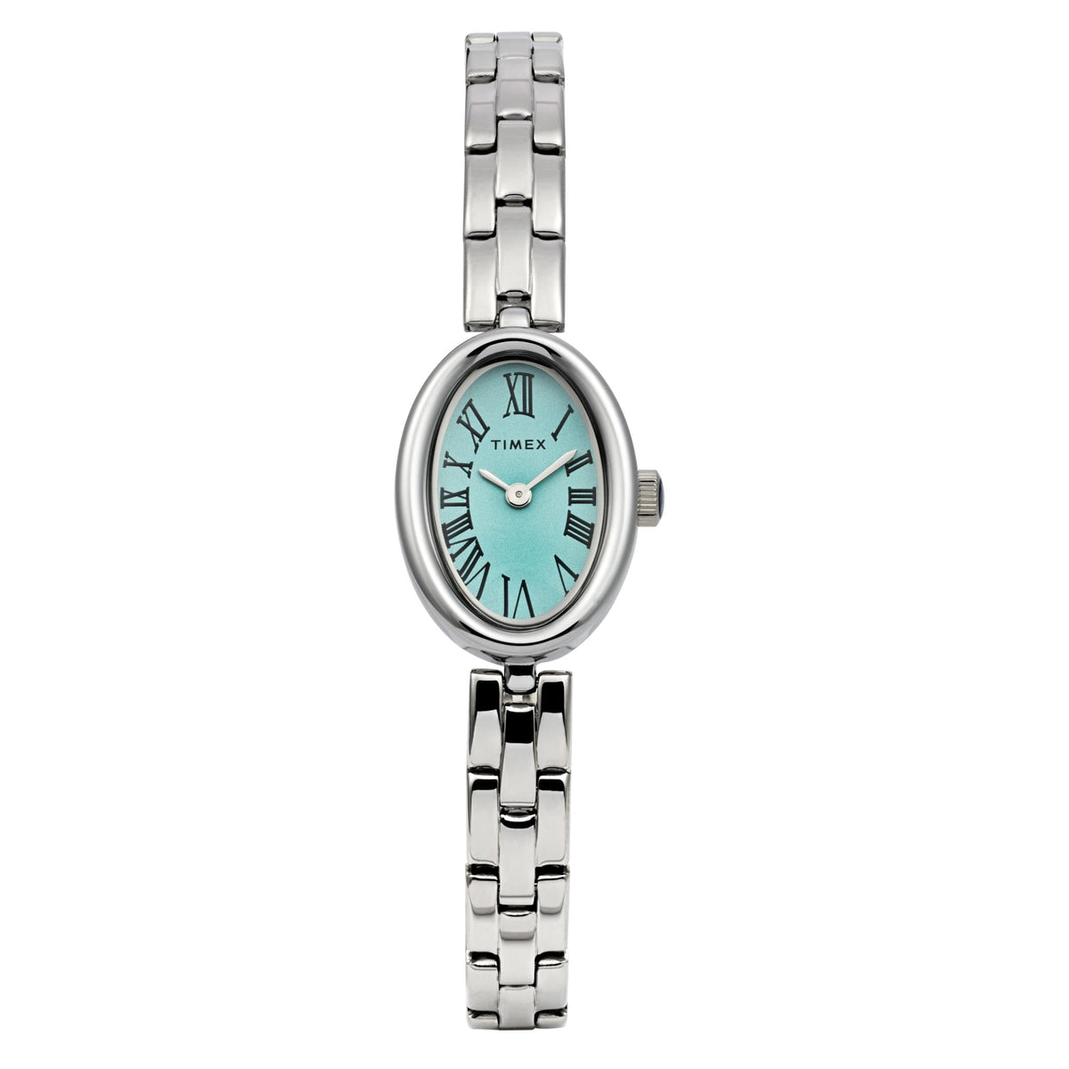 Ladies steel bracelet watch with turquoise dial, Roman numeral markers, and bezel