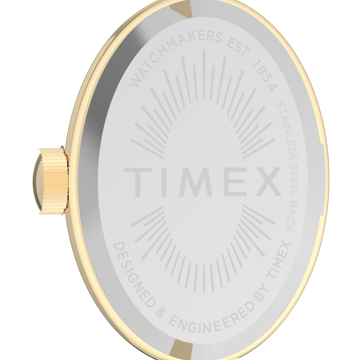 Gold-tone watch case back with 'TIMEX' text and radial pattern