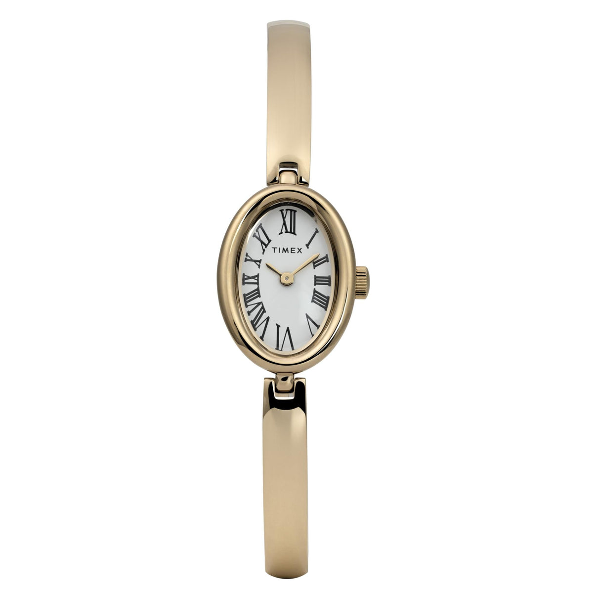 Gold-tone ladies quartz wrist watch with white dial, Roman numerals, and bezel