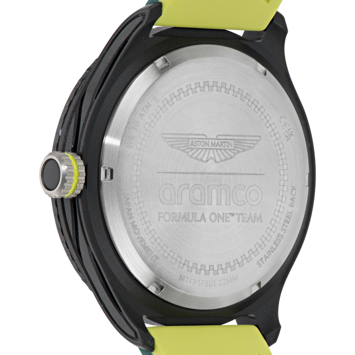 Close-up of silver caseback with “aromco” and “FORMULA ONE TEAM” text