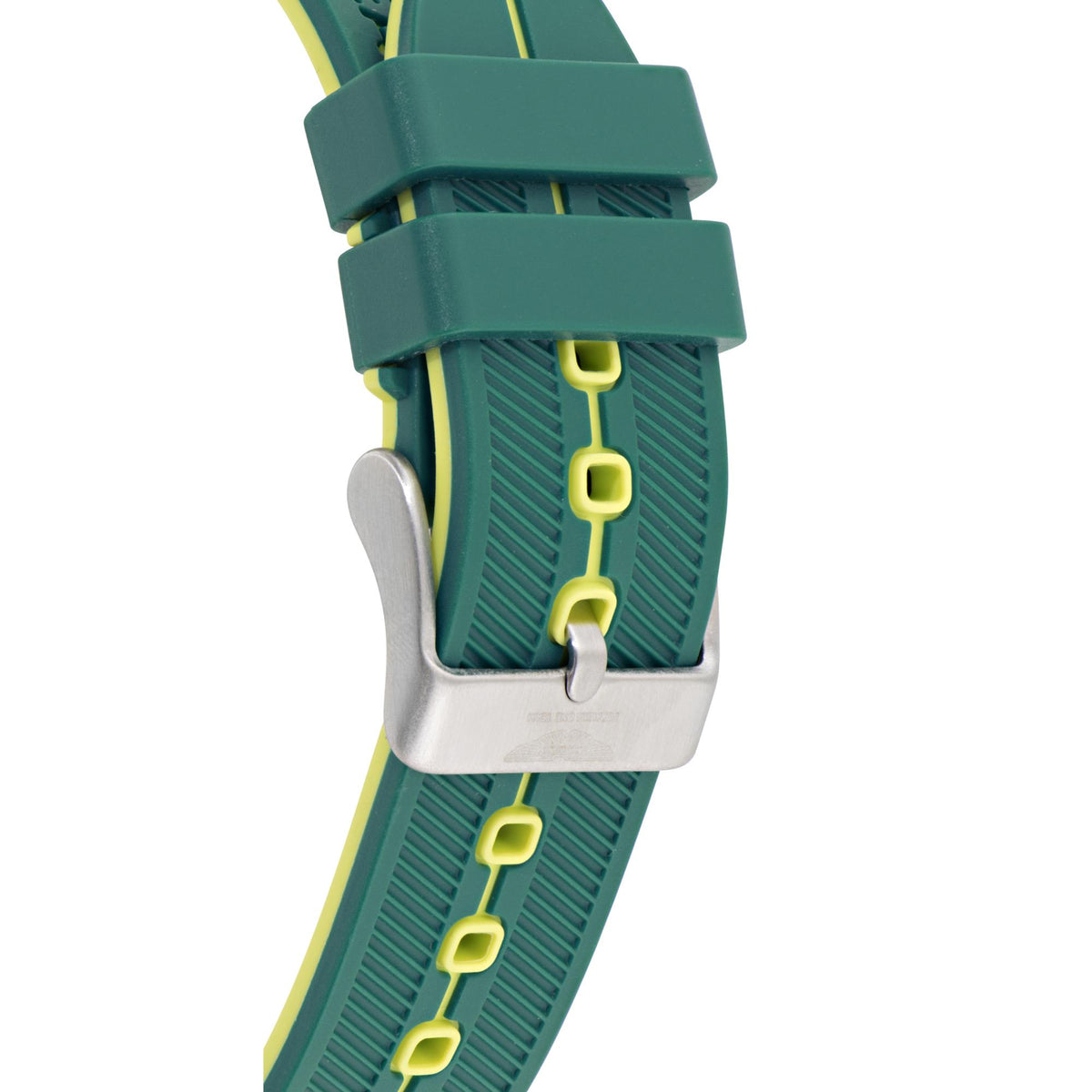 Close-up of green silicone watch strap with neon yellow buckle and keeper