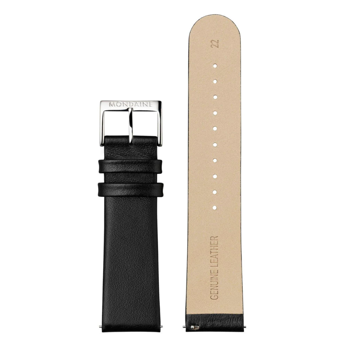 Mondaine watch strap in black vegan leather; reversible tan backing with visible row of holes.