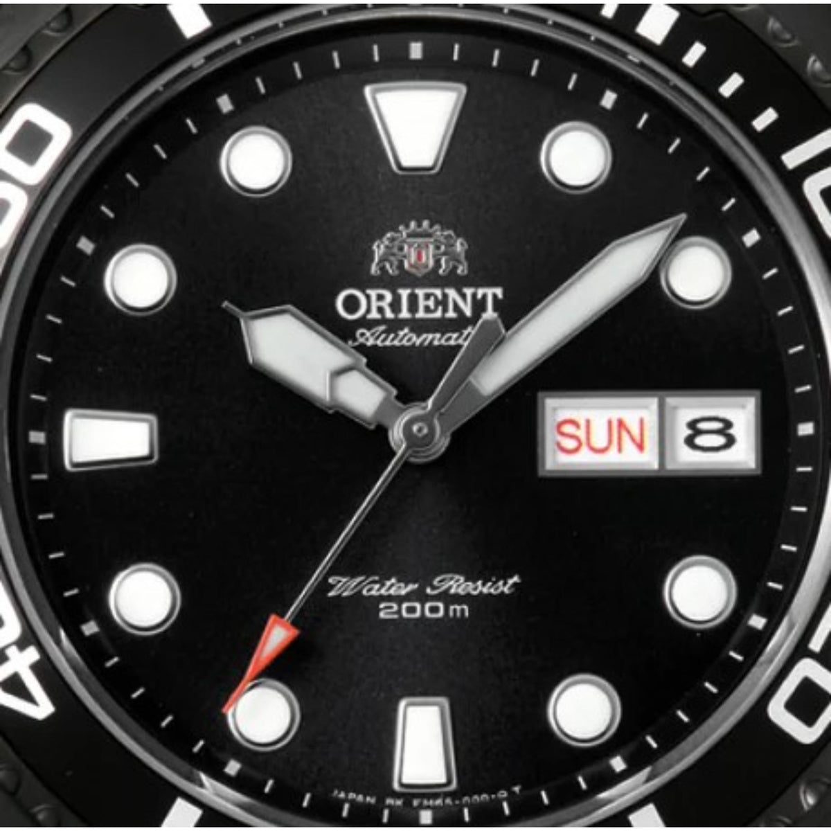 Orient Ray Raven II black dial automatic watch face with day-date window