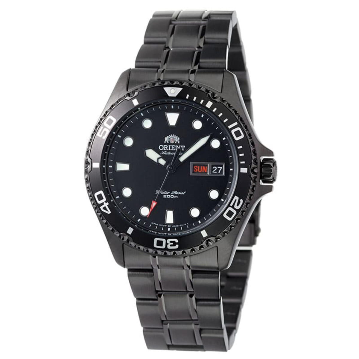 Orient Ray Raven II black dial steel watch with bezel markings and day-date