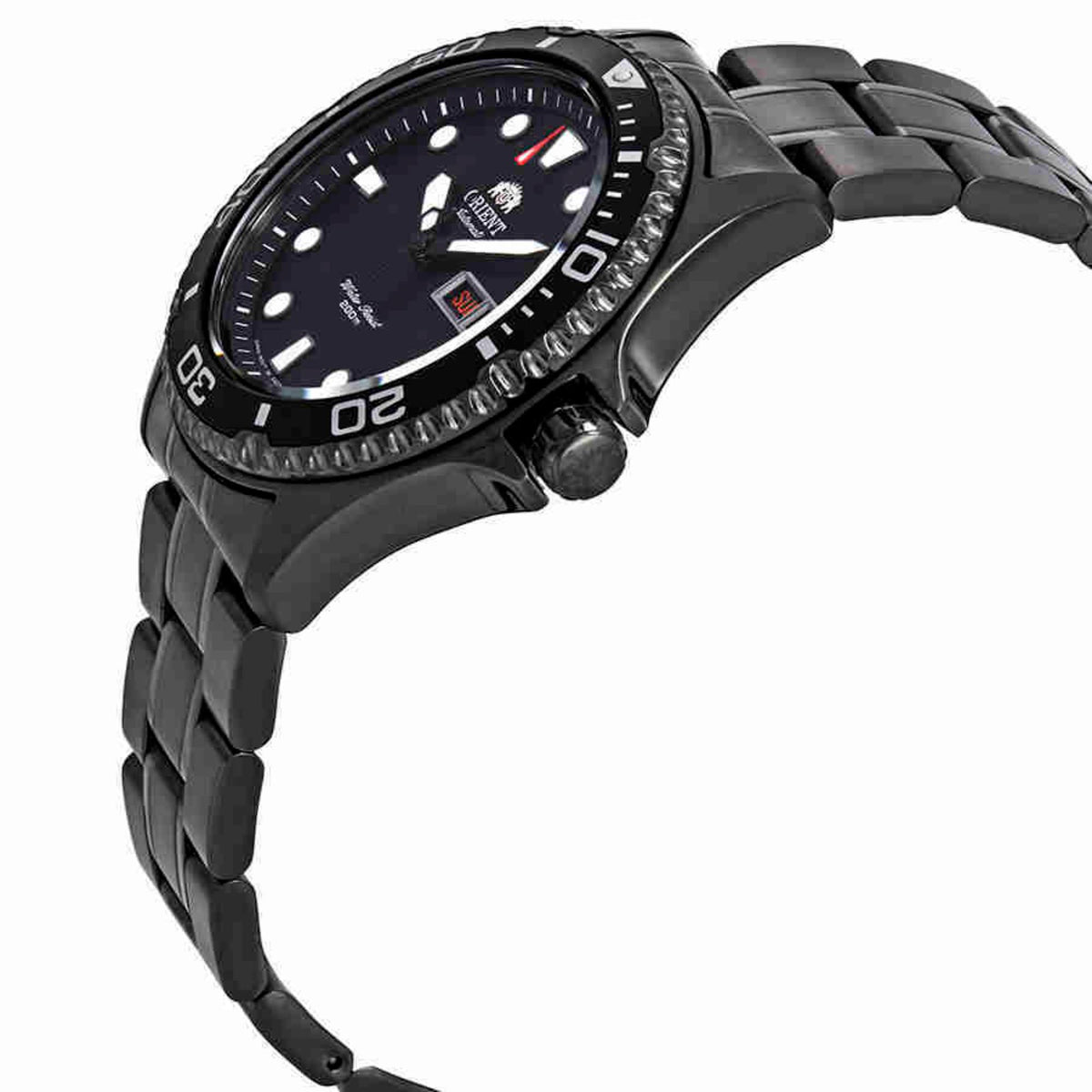 Orient Ray Raven II black dial watch with thick black steel case and crown