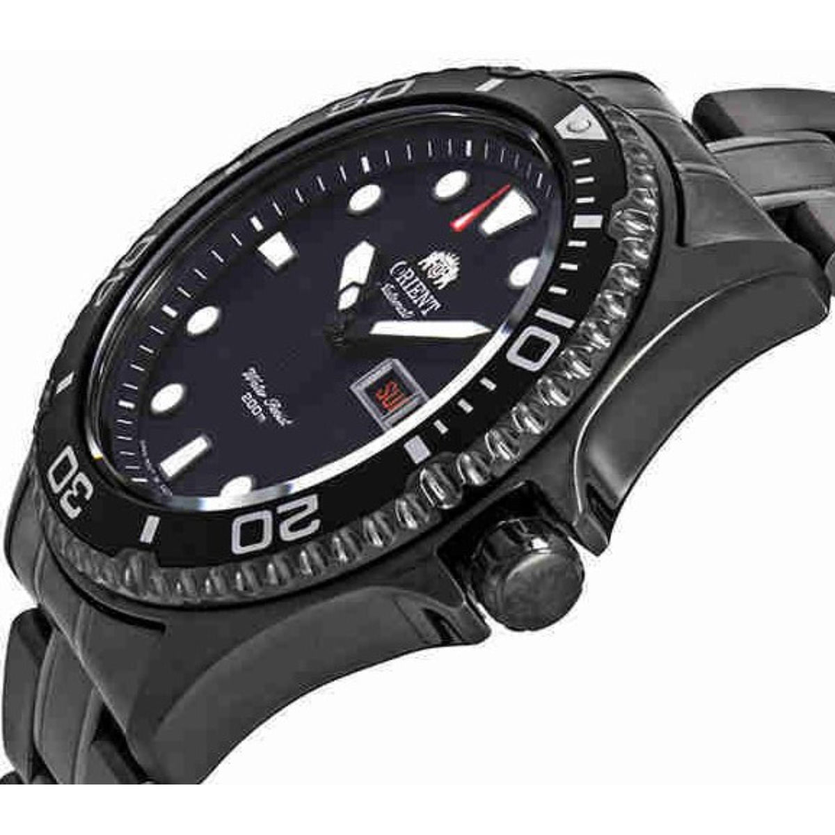 Orient Ray Raven II black dial watch close-up with minute markers and red accents