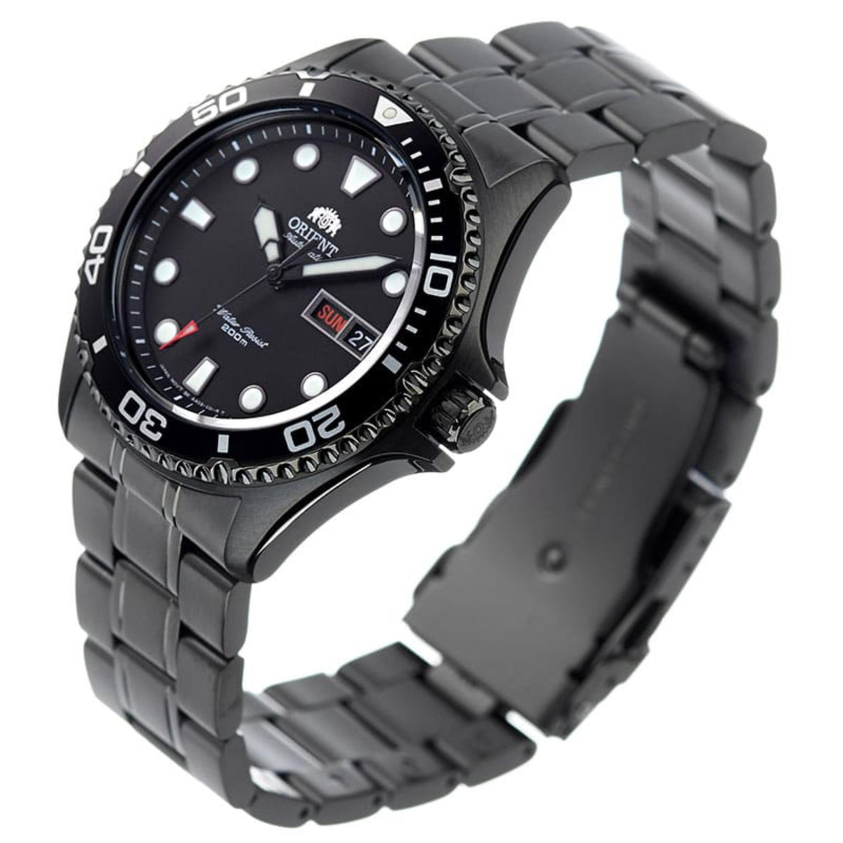 Orient Ray Raven II black dial steel watch with metal link bracelet