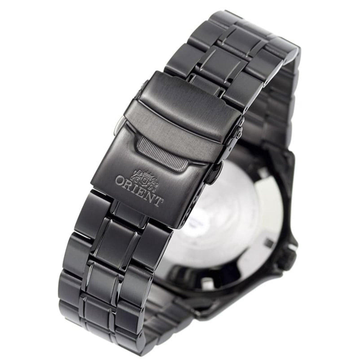 Orient Ray Raven II black steel bracelet with fold-over clasp and case side